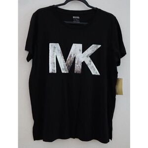 Michael Kors QH350C36TF Women's Sz L Black/Silver "MK" Sequin Logo T- Shirt